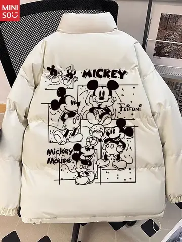 Ropa acolchada de algodón de Mickey de Disney, chaquetas acolchadas de algodón cálidas y gruesas en otoño e invierno, chaquetas simples y holgadas en ropa