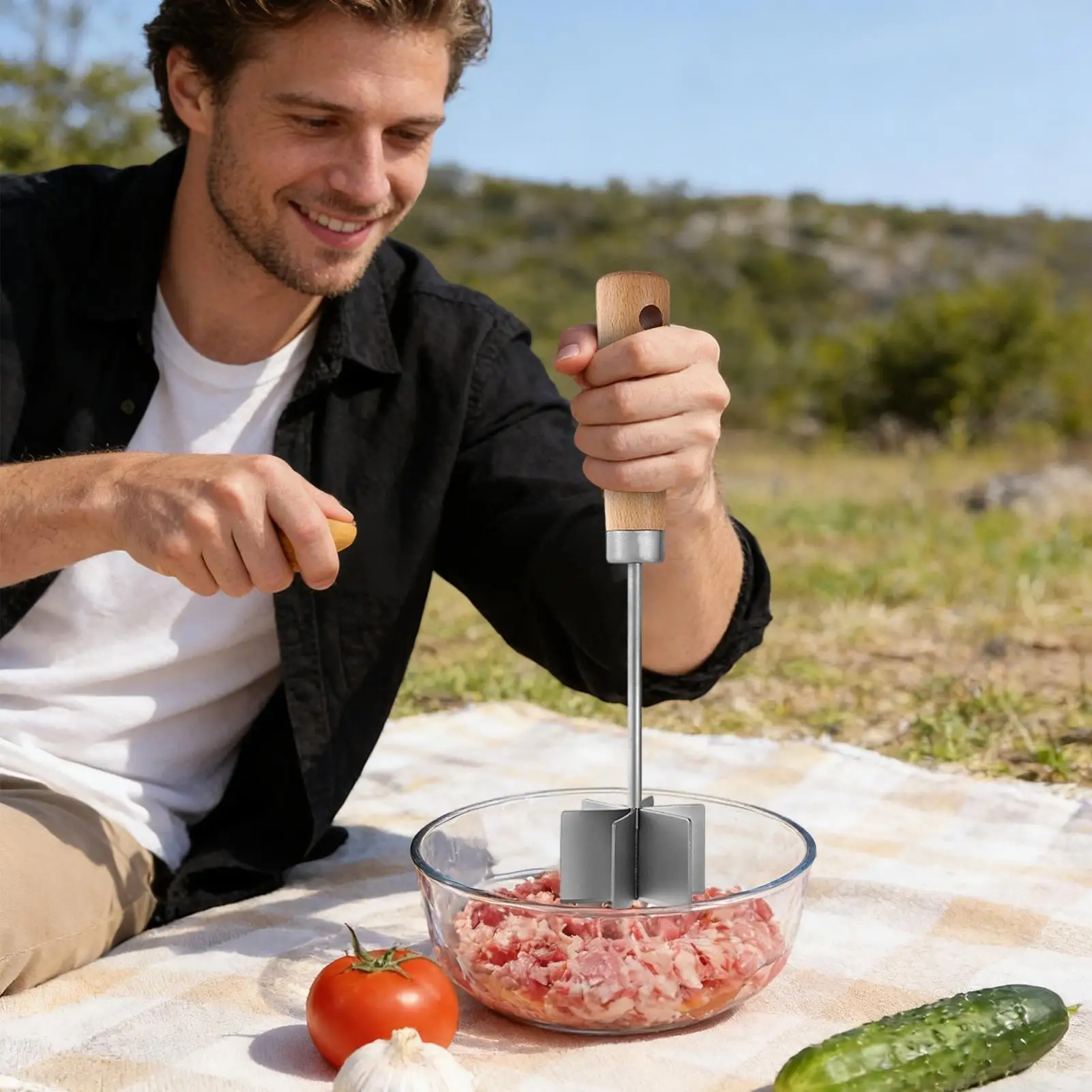 Trituradora de carne de acero inoxidable, utensilios de cocina, herramienta picadora de carne con mango de madera para cocinar, preparación de comidas, fabricación de hamburguesas de salchichas caseras