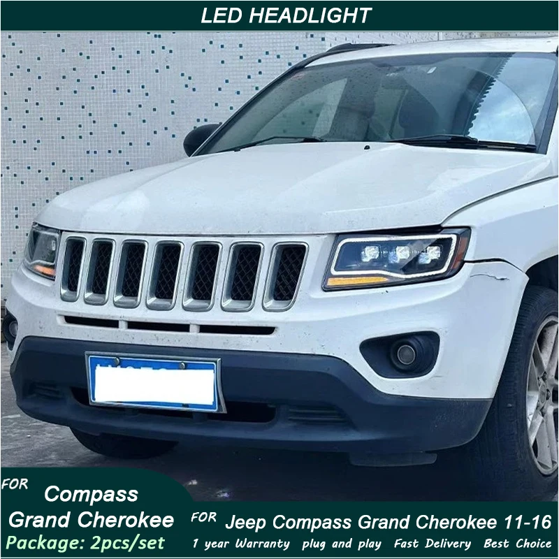 Car LED Headlight Assembly DRL Turn Signal Projector Lens For 2011 2012 2013 2014 2015-2016 Jeep Compass, Grand Cherokee