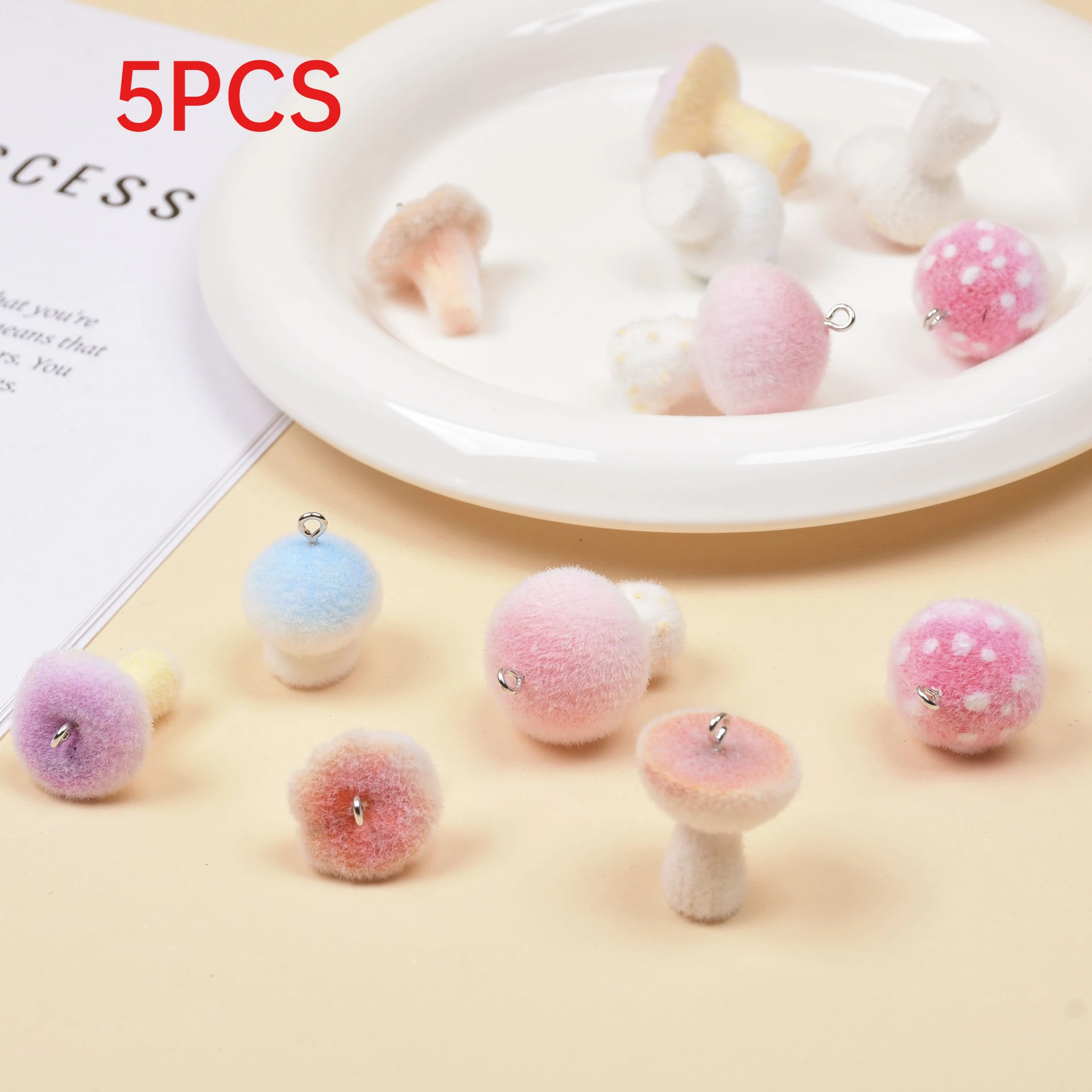

5Pcs Flocked Mushroom Charms Cute Resin Pendants For DIY Keychain Necklace Earrings Bag Accessories