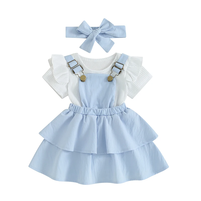 

Baby Girls Dress Set Short Sleeve Romper with Layered Suspender Dress and Headband Summer Outfit