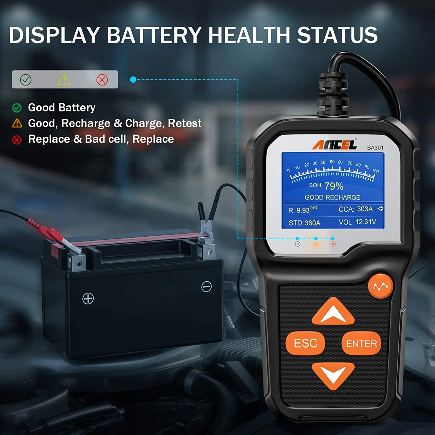 ANCEL BA301 Car Battery Tester 12V 100-2000 CCA Battery Voltage 6V Motorcycle Battery Analyzer Tool Life Time Free Update