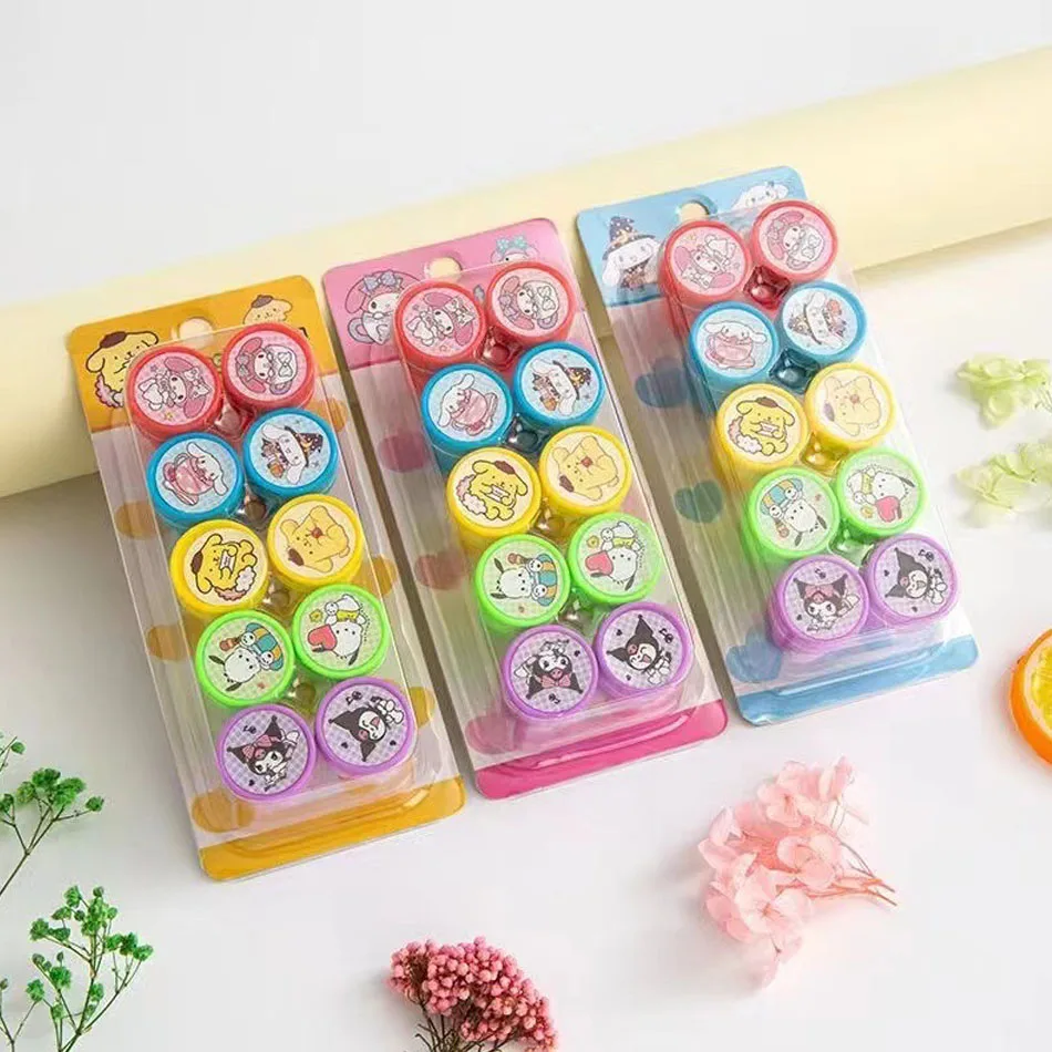 10Pcs/Set Sanrio Self-ink Stamps Cute Kuromi Melody Pompompurin Face Seal DIY Painting Photo Album Stamp Kids Toys