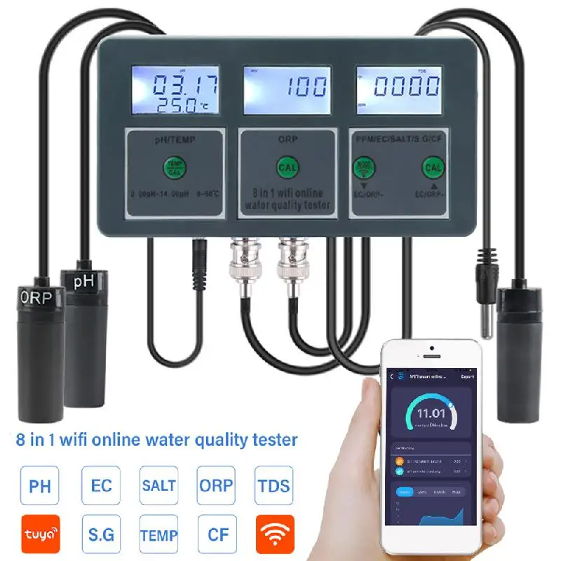 WiFi Tuya Smart PH ORP/TDS/EC/SALT/S. G/TEMP/CF Monitor Meter Online Aquarium Water Quality Tester Data Logger Controller EUPlug