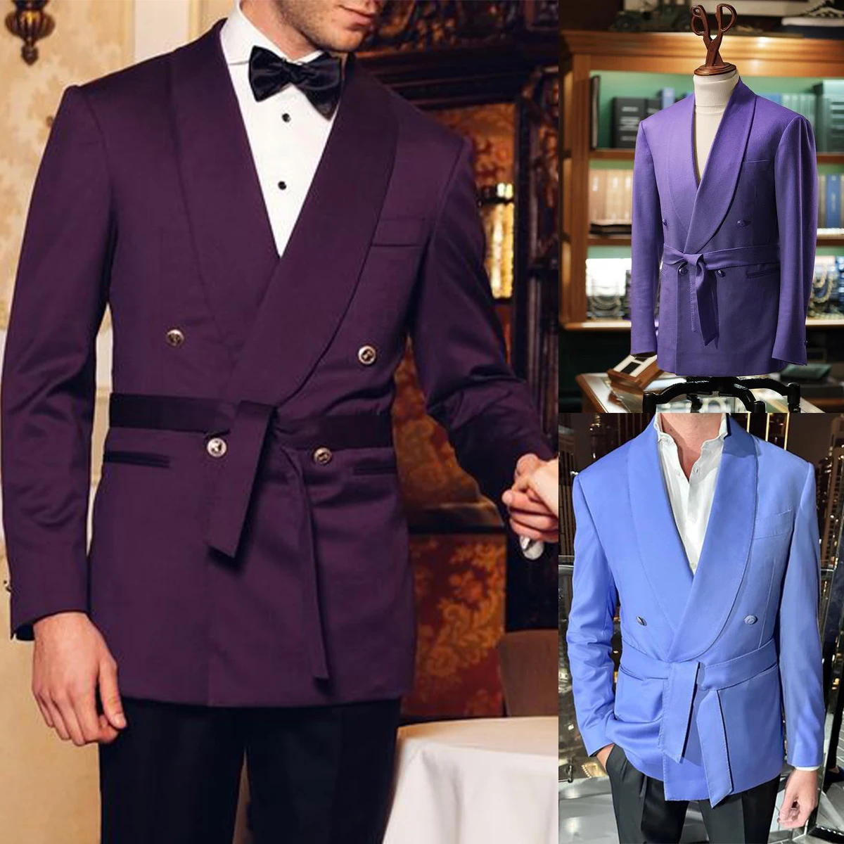 Fashion Men Suits Tuxedo Shawl Lapel Double Breasted Belt Pockets Customized 2 Pieces Blazer Pants Tailored Groom Handsome