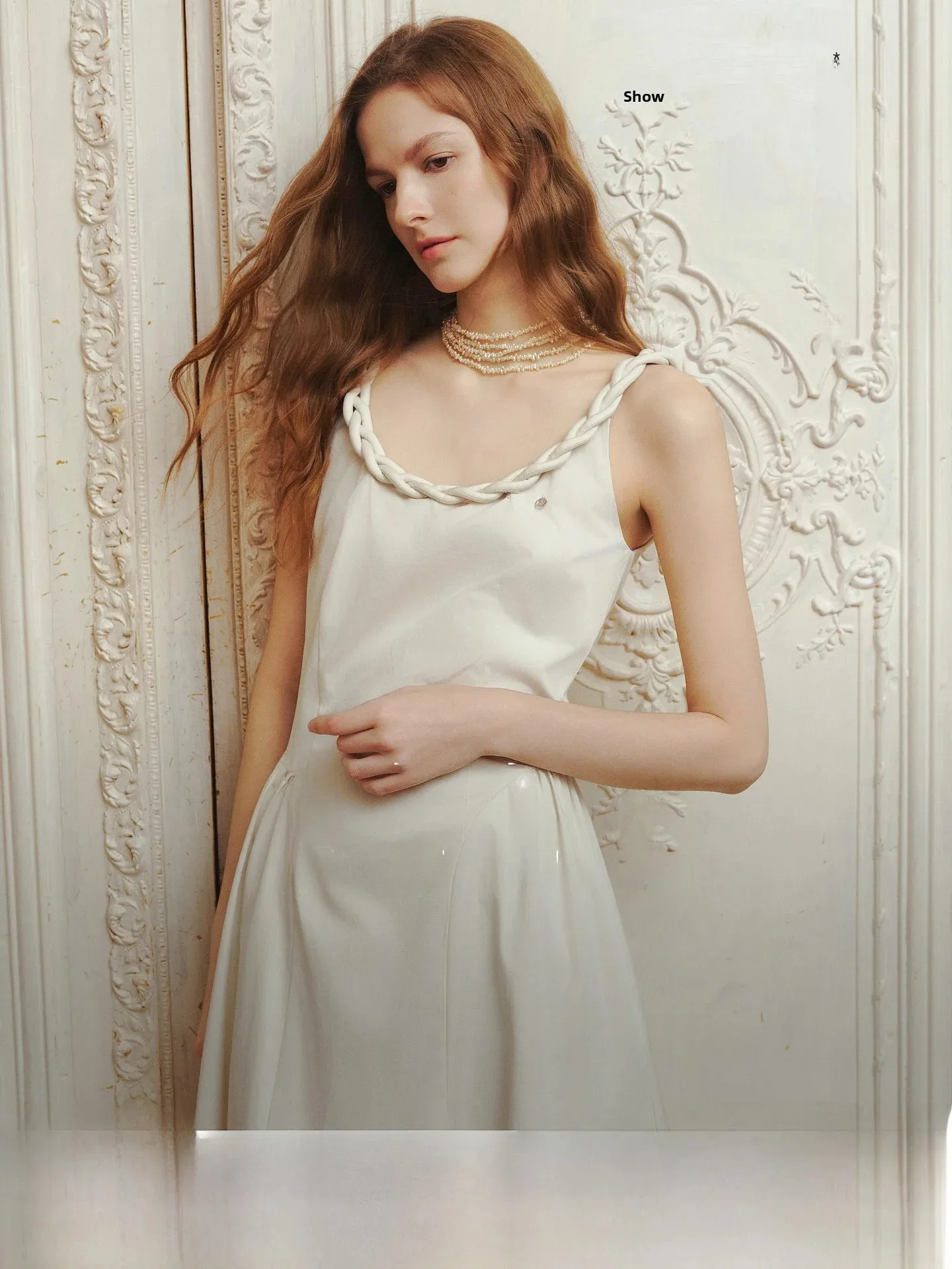 Elegant ELLE Strapless A-Line Dress Women's Summer New Waist-Cinching Slimming Long Skirt Commute Simple Style Cotton Blend