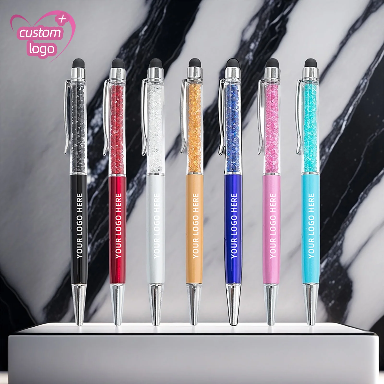 Custom Logo Stylus Ball Pen Color Crystal Touch Screen Ballpoint Pen Promotional Gift Pen Personalized Giveaway Bulk Lot 10 50