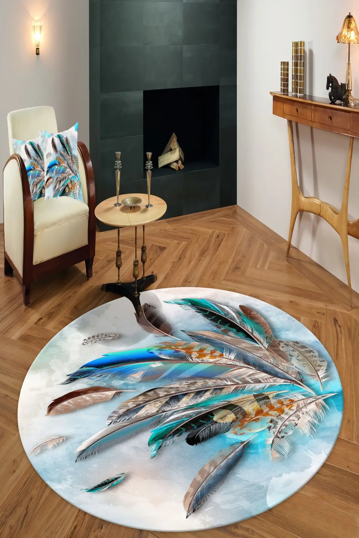 Dovi digital printed non-slip base washable feather patterned turquoise round carpet