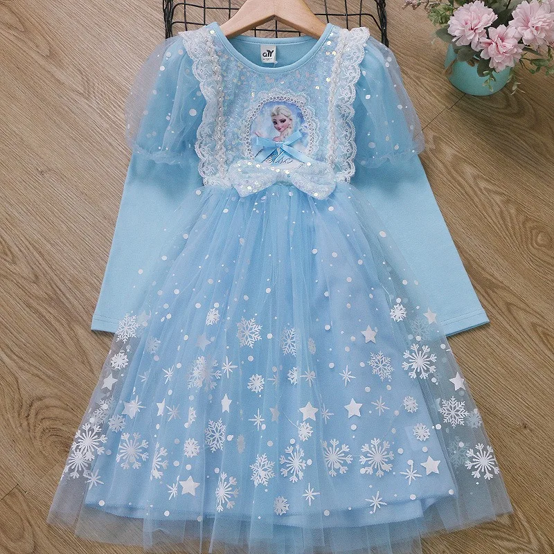 New Spring Autumn Kids Girl Dress Long Sleeves Round Collar Frozen Cartoon Princess Elsa Halloween Clothing Q2302