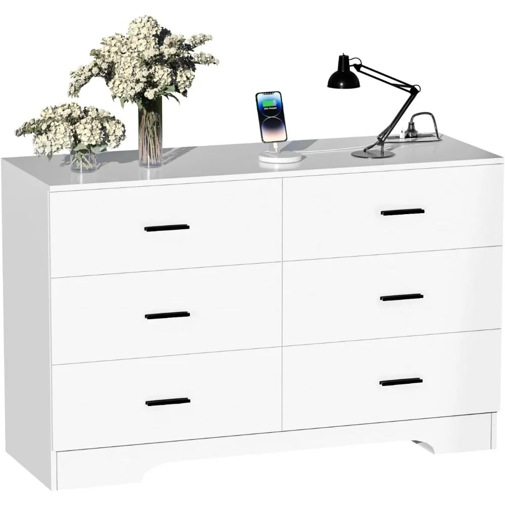 Dresser with Power Outlets Wooden 6 Drawer Dresser with USB and Type C Port Chest of Drawers for Bedroom Tall White Storage Orga