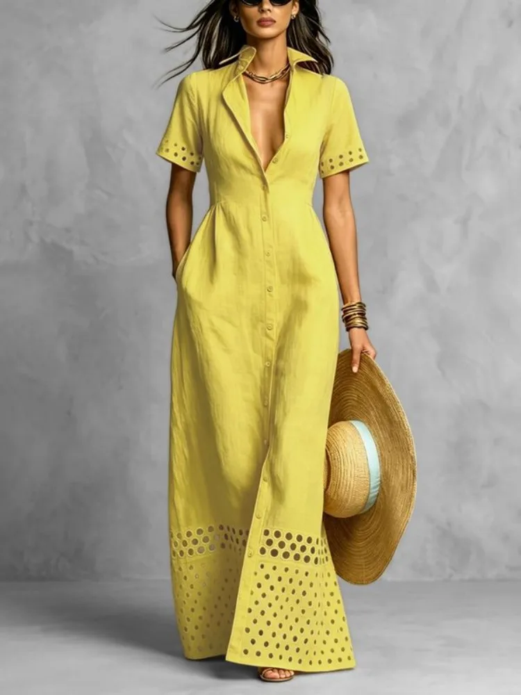 Yeezzi Women's Hollow Out Hem Lapel Shirt Dress Fashion Solid Color Short Sleeve Elasticity High Waisted Commuter Maxi Dresses