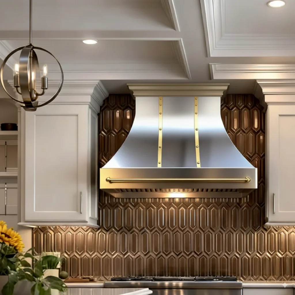 Custom Brushed Stainless Steel Range Hood Baffle Vented Brass Straps Rivets Pot Rail Handcrafted Wall-Mounted Canopy Luxury