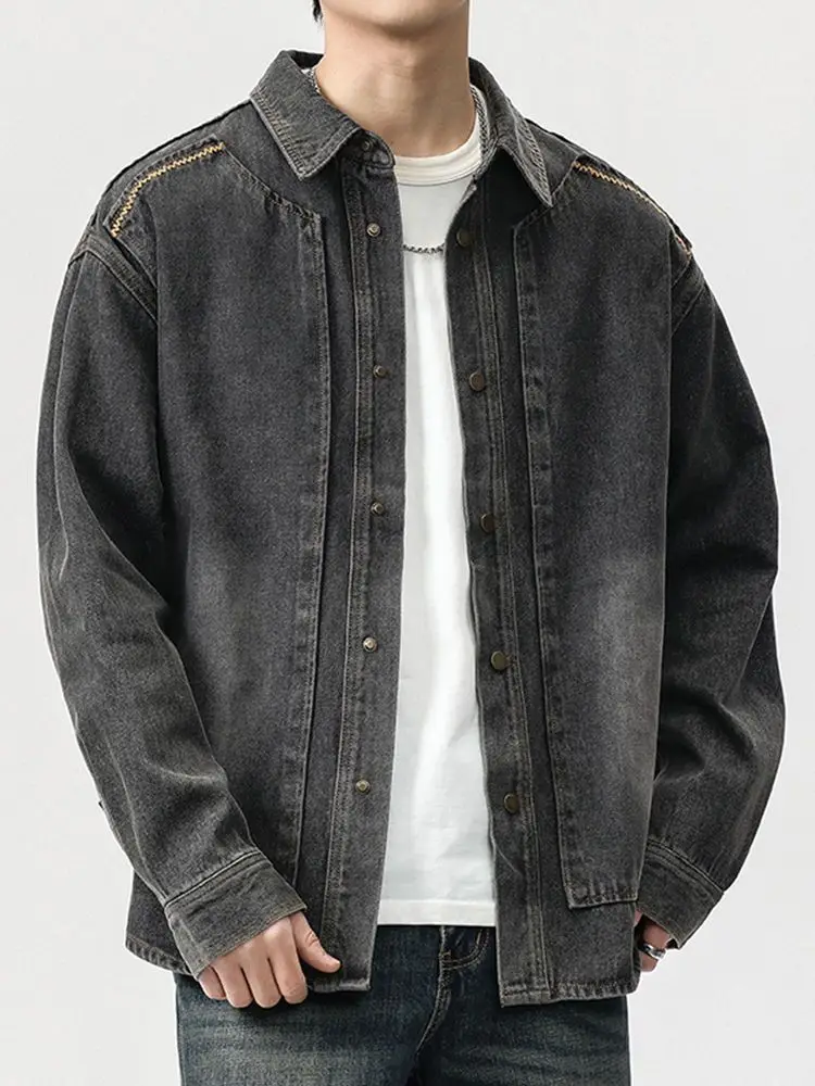 

Осенняя мужская джинсовая куртка с лацканами, модная по самой низкой цене, быстрая доставка, модельер, размер L, повседневные мужские джинсовые пальто в стиле Cowgirl Y2k