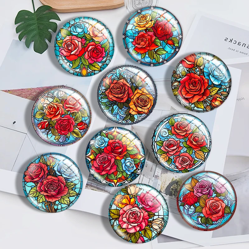Fascinating rose stained 10pcs 12mm14mm/16mm/18mm/20mm/25mm Round Photo Glass Cabochon Demo Flat Back Making Findings Jewelry