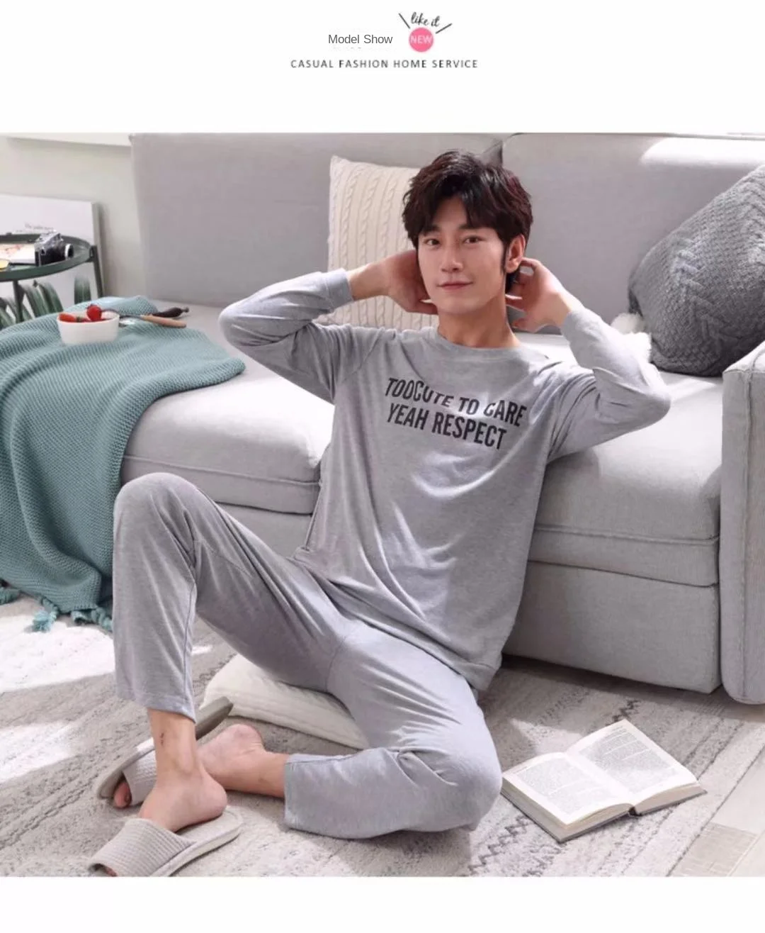 2 Teile/satz männer pyjamas set von große größe langarm lange hosen herbst und winter studenten hause kleidung rundhals herbst m – Detail 6