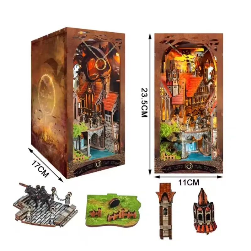 Nook per libri fai-da-te Kit modello in miniatura in legno Spirit Valley Anello magico Fermalibri Puzzle 3D Decorazione per libreria Regalo creativo per gli amanti dei libri