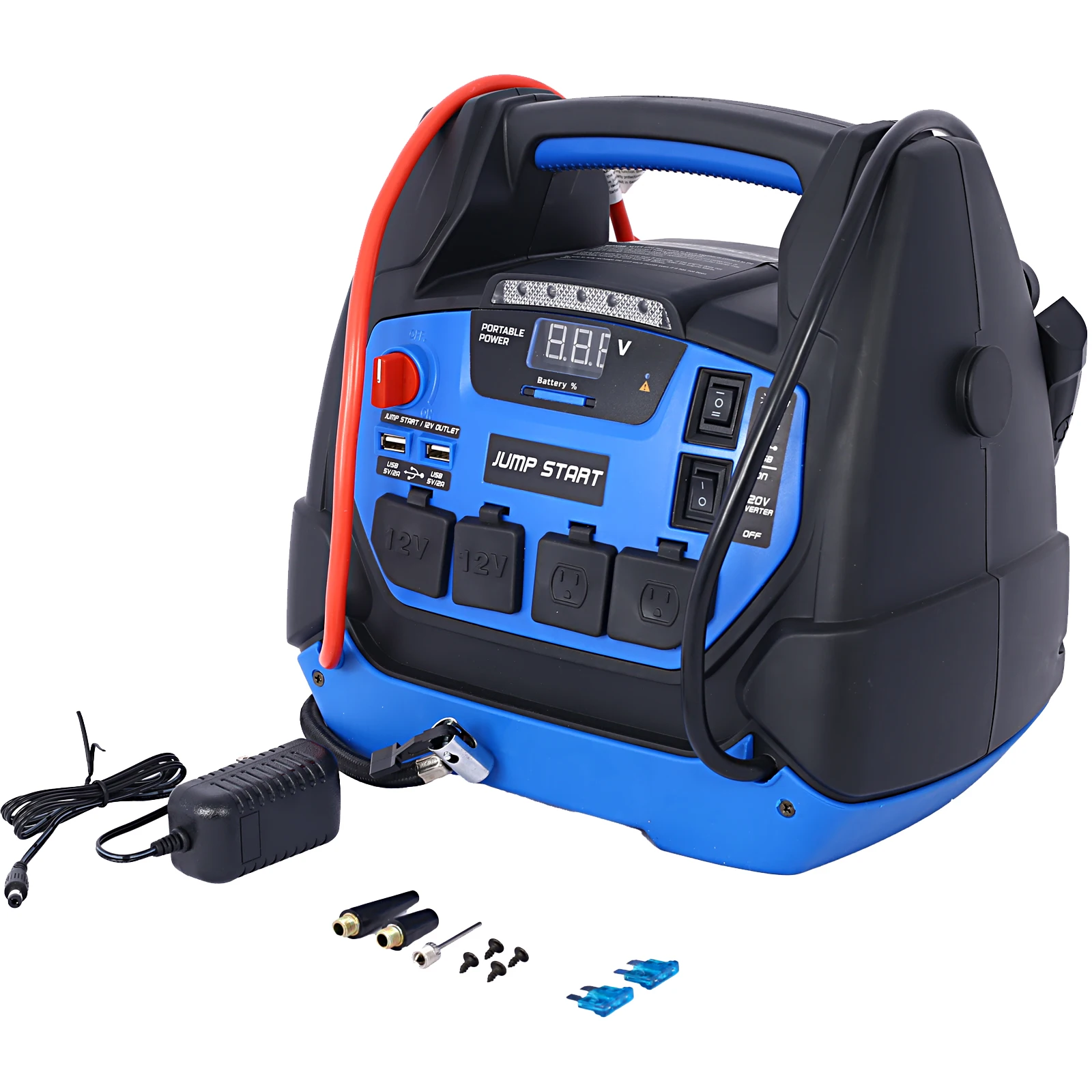 Rechargeable Jump Starter for Gas Diesel Vehicles - 1800 Amps with Air Compressor and AC, 12V DC, USB Power Station