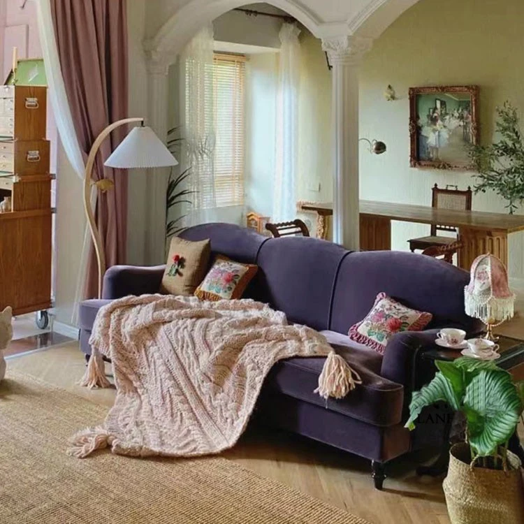 #French Antique Classical Influencer Loveseat Small 3 Seaters Double Purple Velvet Sofa
