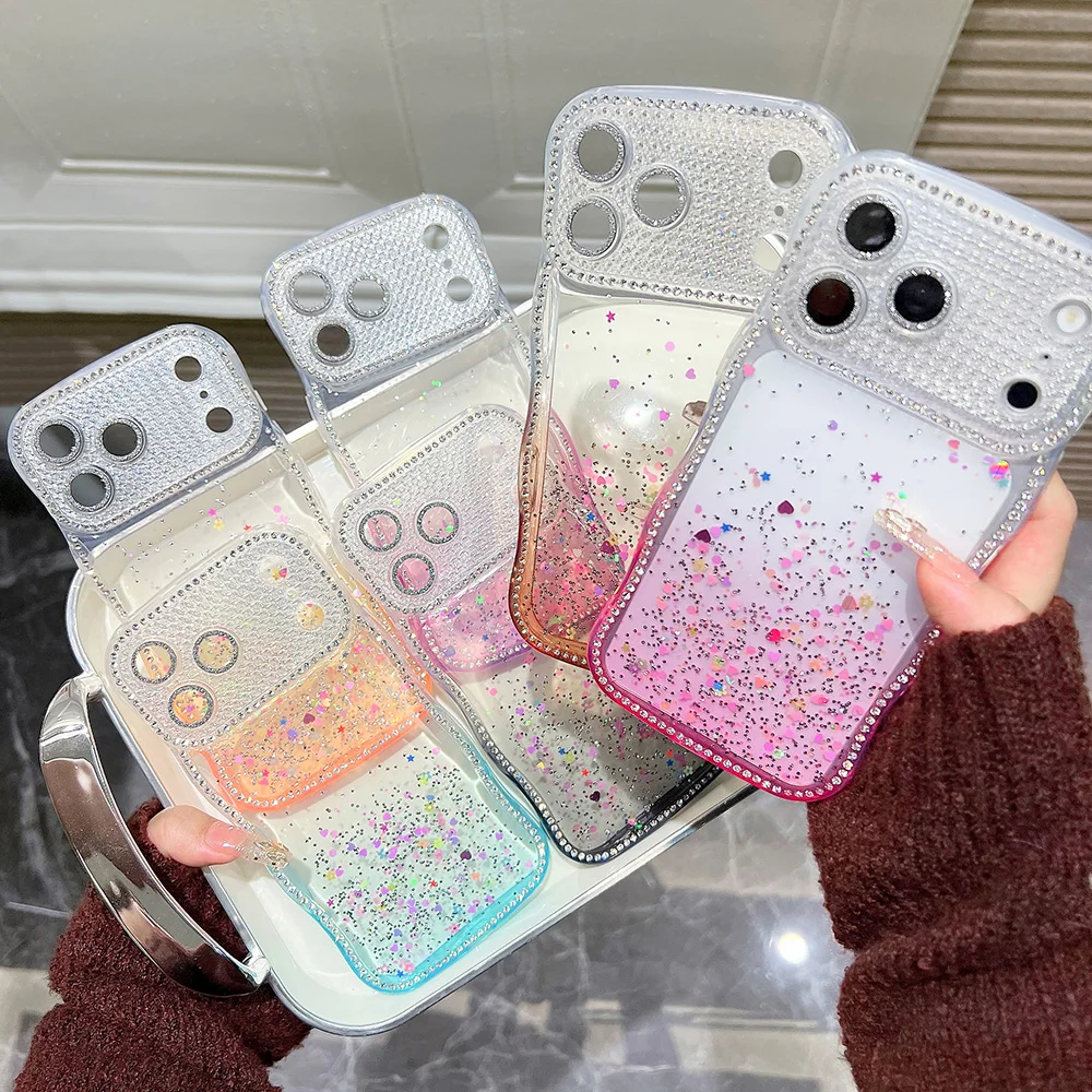 Glitter Silicone Case Heart Design For iPhone 17 Air 16 15 14 13 Pro Max Wavy-Edge Transparent Protective Cover With Lens Film