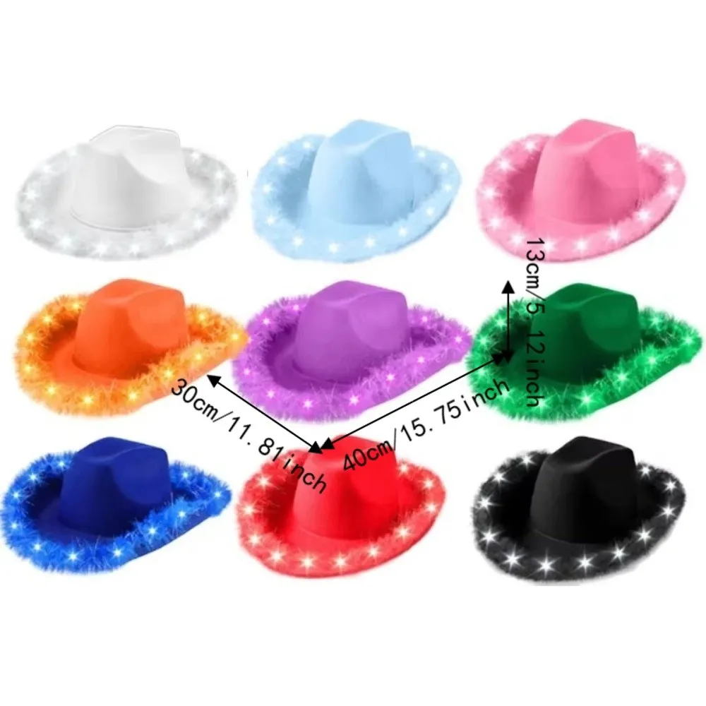 Furry Trim Light Up Western Cowboy Hat Ethnic Style Solid Color Costume Hat Wide Brim Cowgirl Hat Bachelorette Party view 6