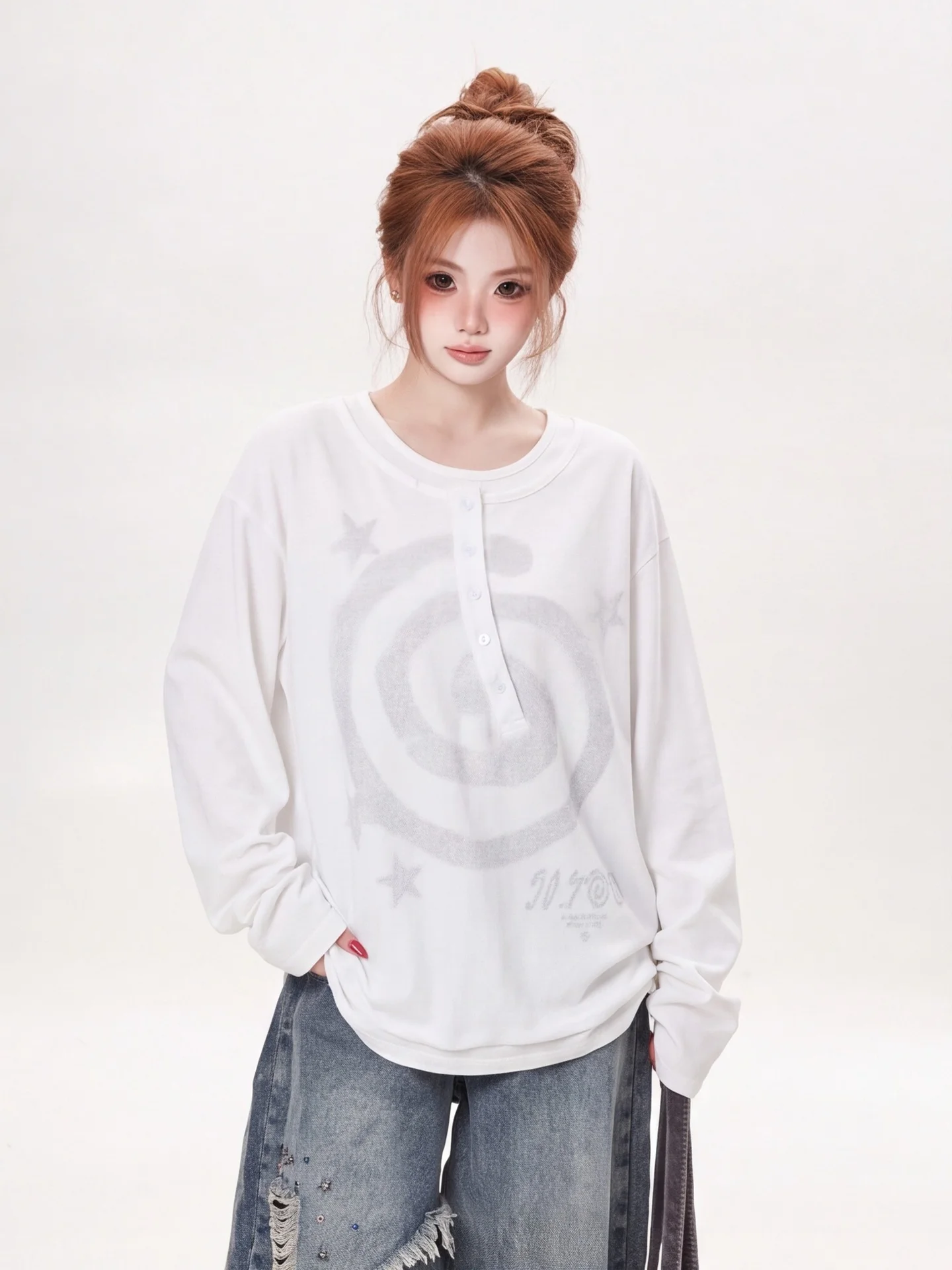Ant American Casual Long Sleeve T-Shirt Women's Autumn Fake Two-Piece Loose Print Top Versatile Design Breathable Cotton Poly...