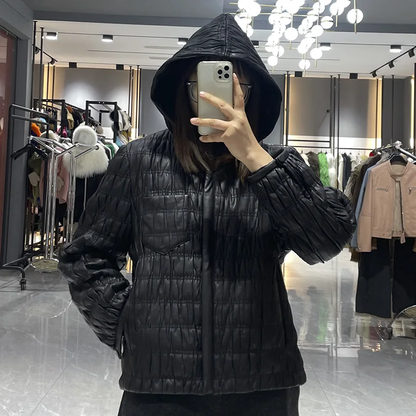 JANEFUR Giacca da donna con cappuccio in vera pelle trapuntata primavera autunno stile corto in pelle di pecora JFB6-25010