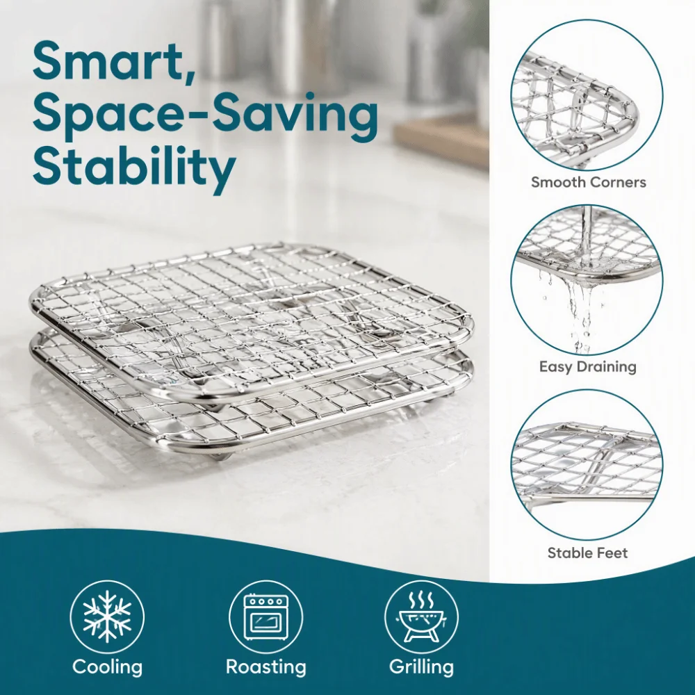 Stainless Steel Baking Cooling Rack Elevated Feet Welded Wire Mesh Roasting Rack Rounded Edge Oven Rack