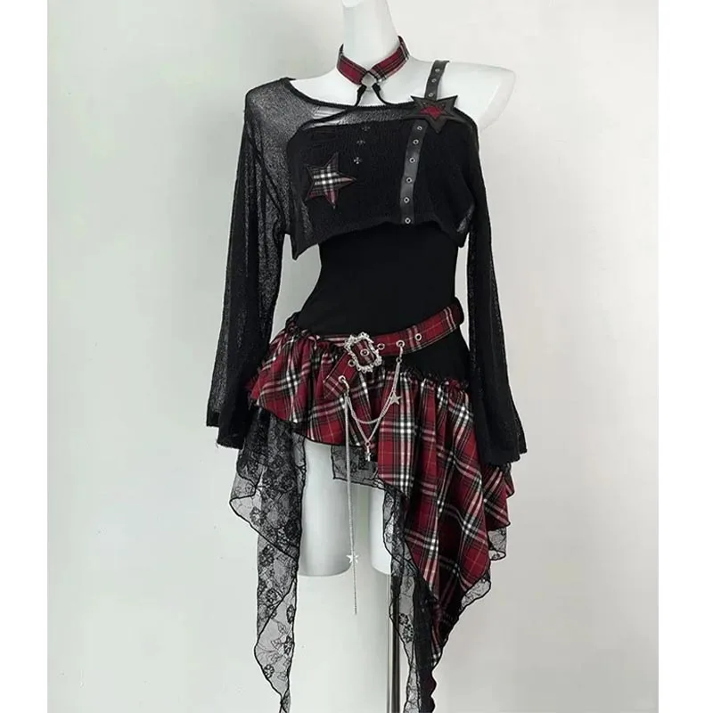 Harajuku خمر 2 قطعة مجموعة المرأة السوداء Y2k المحاصيل بلوزة + غير النظامية الدانتيل المرقعة فستان موضة ريترو الدعاوى ضئيلة القوطية