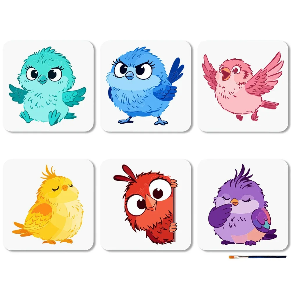 6Pcs Birds Stencil Reusable Cute Animal Stencil for Painting 7.9×7.9 Inch Cartoon Bird Drawing Template with Paint Brush