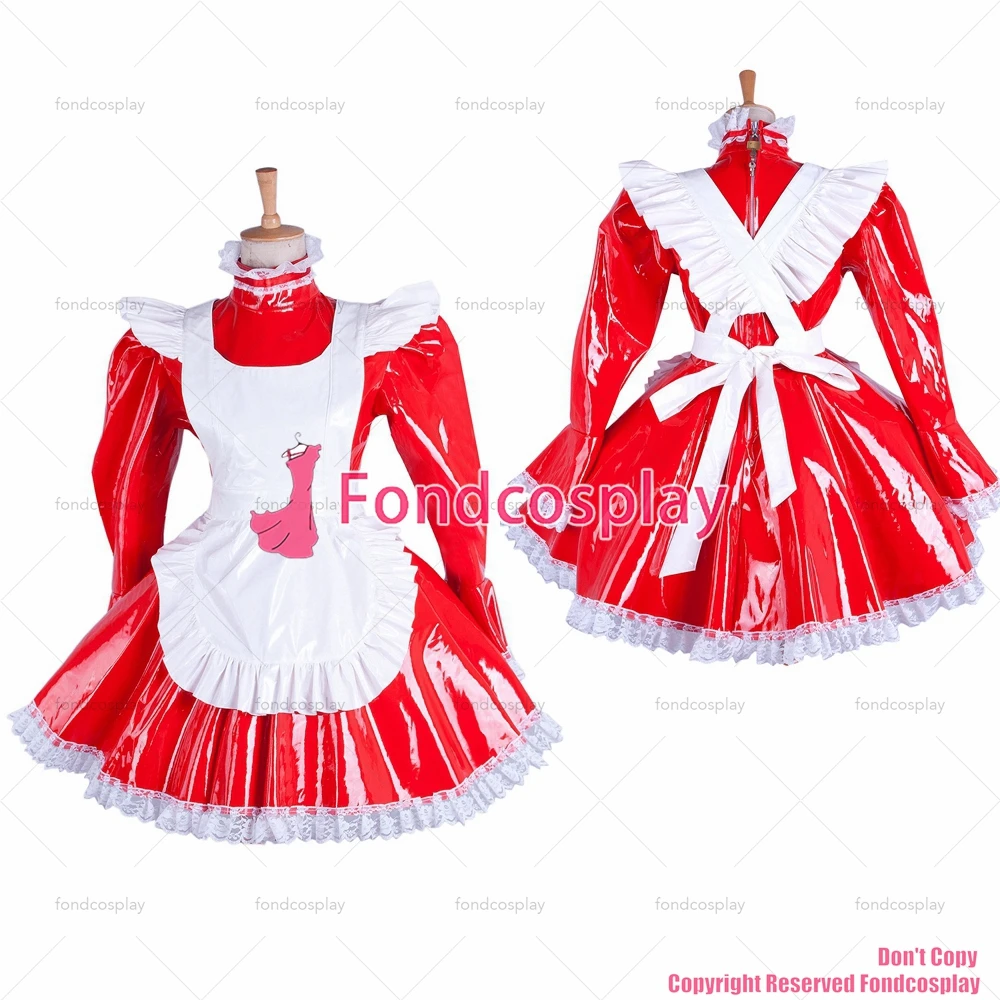 

fondcosplay adult sexy cross dressing sissy maid short red heavy PVC lockable Dress vinyl Uniform white apron CD/TV[G1548]