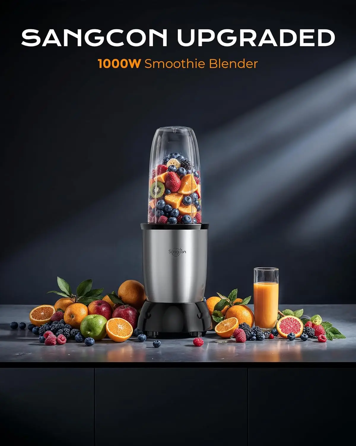 1000W Personal Blender for Smoothies & Protein Shakes, Silver - Includes 37/32/22 oz BPA-Free Travel Cups with 8-Leaf Blade and