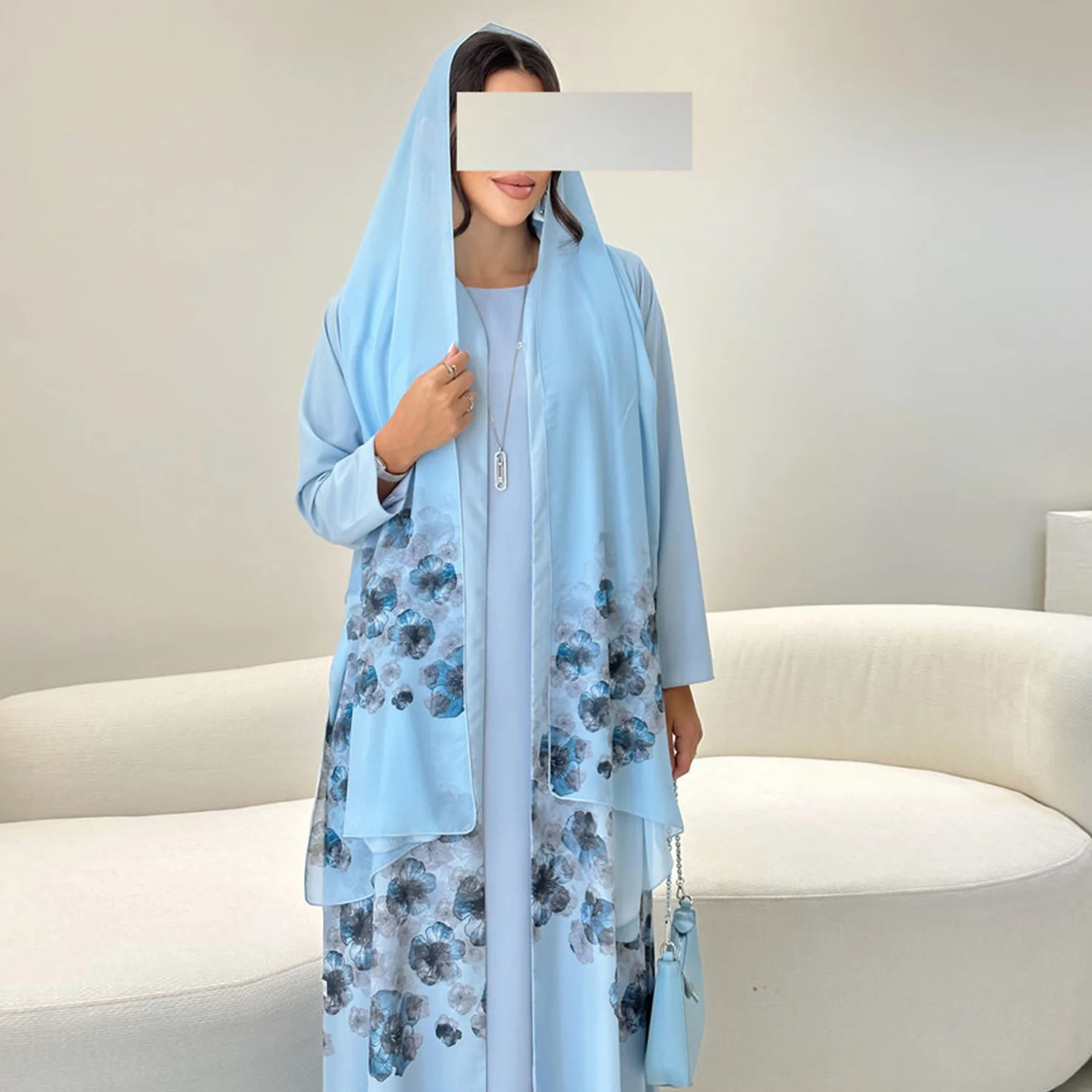 

Eid Open Abaya Kimono Dubai Luxury Printed Chiffon Satin Cardigan Muslim Dress with Hijab Scarf Set Islamic Clothing for Women