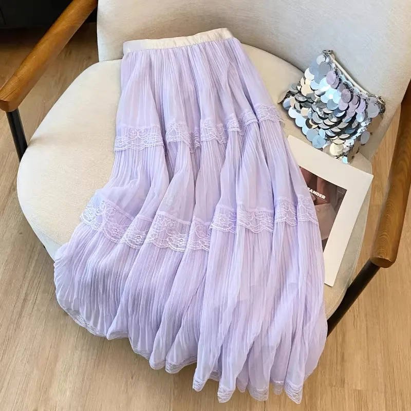 Retro Süßer Weißer Langer Rock für Damen, Lässiger Lockerer Rock mit Hoher Taille, Eleganter Vintage-Rock mit Spitzenbesatz, Koreanischer Sommer-Langrock – Detail 28