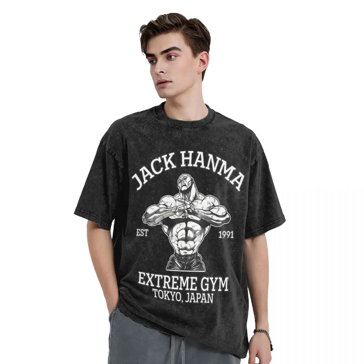 Baki The Grappler Jack Hanma Gyms Washed T Shirt Streetwear Hip Hop Cool T-Shirt Tees for Men Women 100% Cotton Oversize Summer