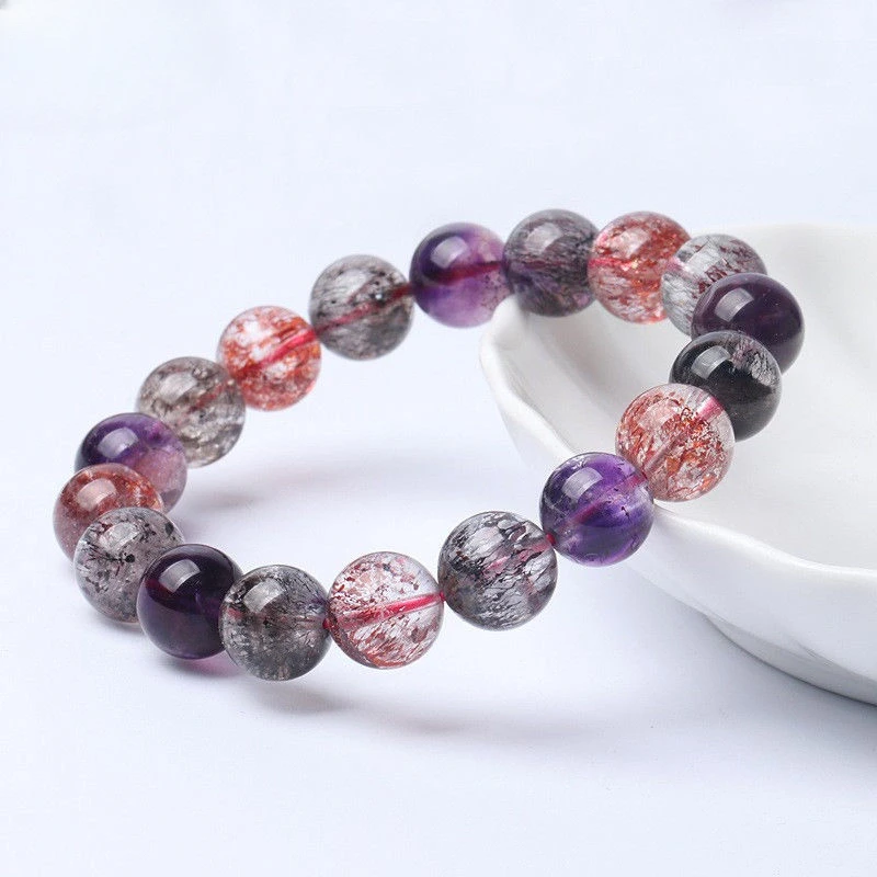 Imagem -03 - Pulseira de Cristal Natural com Anel Único Ornamento Três Redondos Espinha Dorsal Cabelo Roxo Quartzo Morango Super Sete