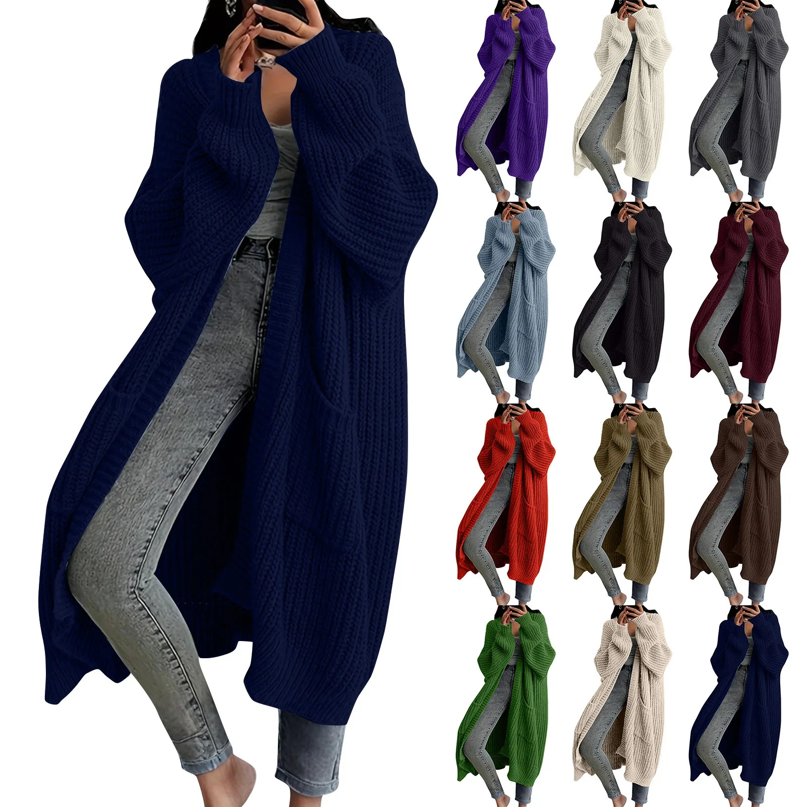 

Women's Fashionable Solid Color Long Sleeved Knee Length Knitted Cardigan Fashion Lazy Trend Casual Warm Loose Outwear