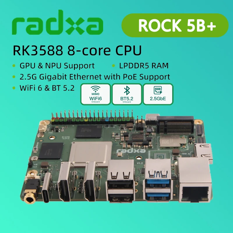 

Radxa ROCK 5B+ Rockchip RK3588 8-ядерный процессор, 8K HDMI, поддержка графического процессора и NPU, оперативная память LPDDR5 и одноплата WiFi6 4 ГБ/8 ГБ/16 ГБ/24 ГБ/32 ГБ