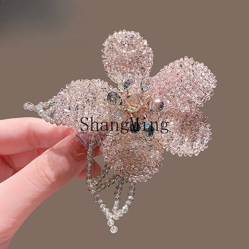 

CL Super Immortal Mori Pink Crystal Flower Hairpin Premium Forehead Broken Hair Side Clip Femininity Duckbill Clip Versatile