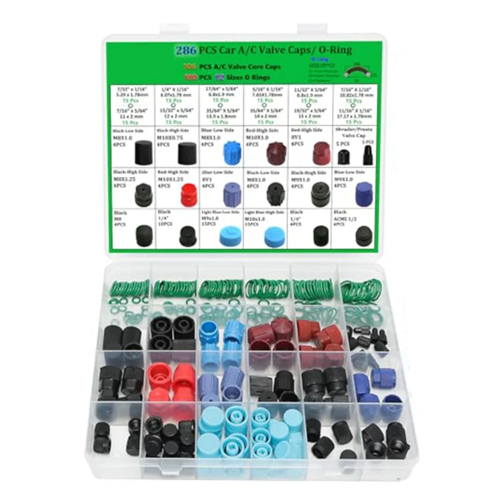 286Pcs Car AC Valve Cap Kit O-Ring Seals For Car Air Conditioning Repair High Low Pressure Port Covers Assorted Set