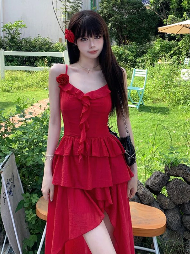 2024 Summer Streetwear 3D Flower  Vintage Dresses Grunge Y2k Aesthetic Ruffled Vestidos Slim Fit Harajuku Woman Irregular Dress