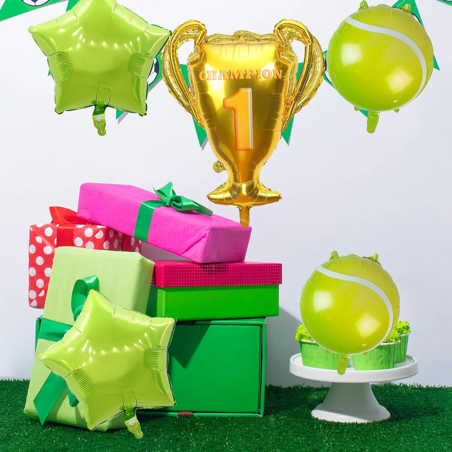 9pcs Tennis Ball Foil Balloons Set Tennis Golden Trophy Green Star Balloons Kids Adult Sports Tennis Themed Party Decorations