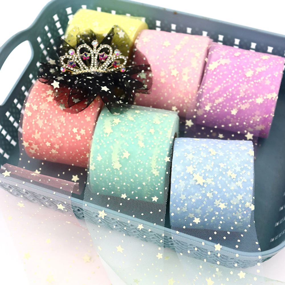 6cm 25yards Star Dotted Tulle Ribbon Ivory Parten Printed Mesh DIY Princess Hairpins Bowknot Cake Wedding Birthday Decoration