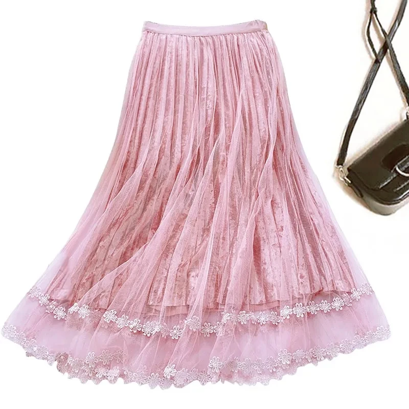 Faldas Mujer Moda Golden Velvet Skirt Womens Autumn Winter High Waist Slimm A-line Skirt Pleated Skirt Patchwork Lace Mesh Skirt