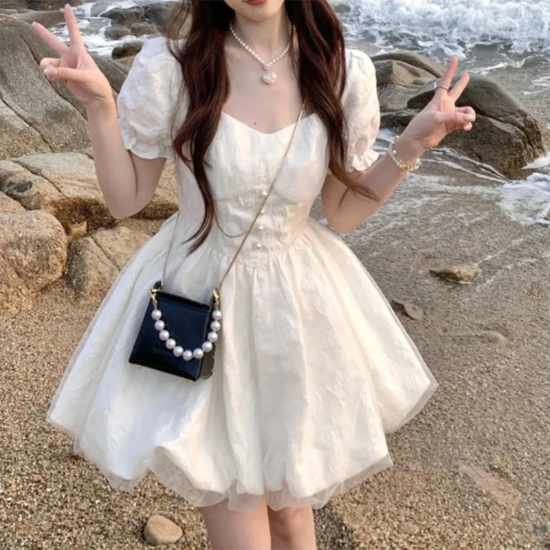 Elegant Women's Short Puff Sleeve Dress A line Mini Dress Mesh Splicing Solid Sweet Party Dresses Perfect for Any Occasion