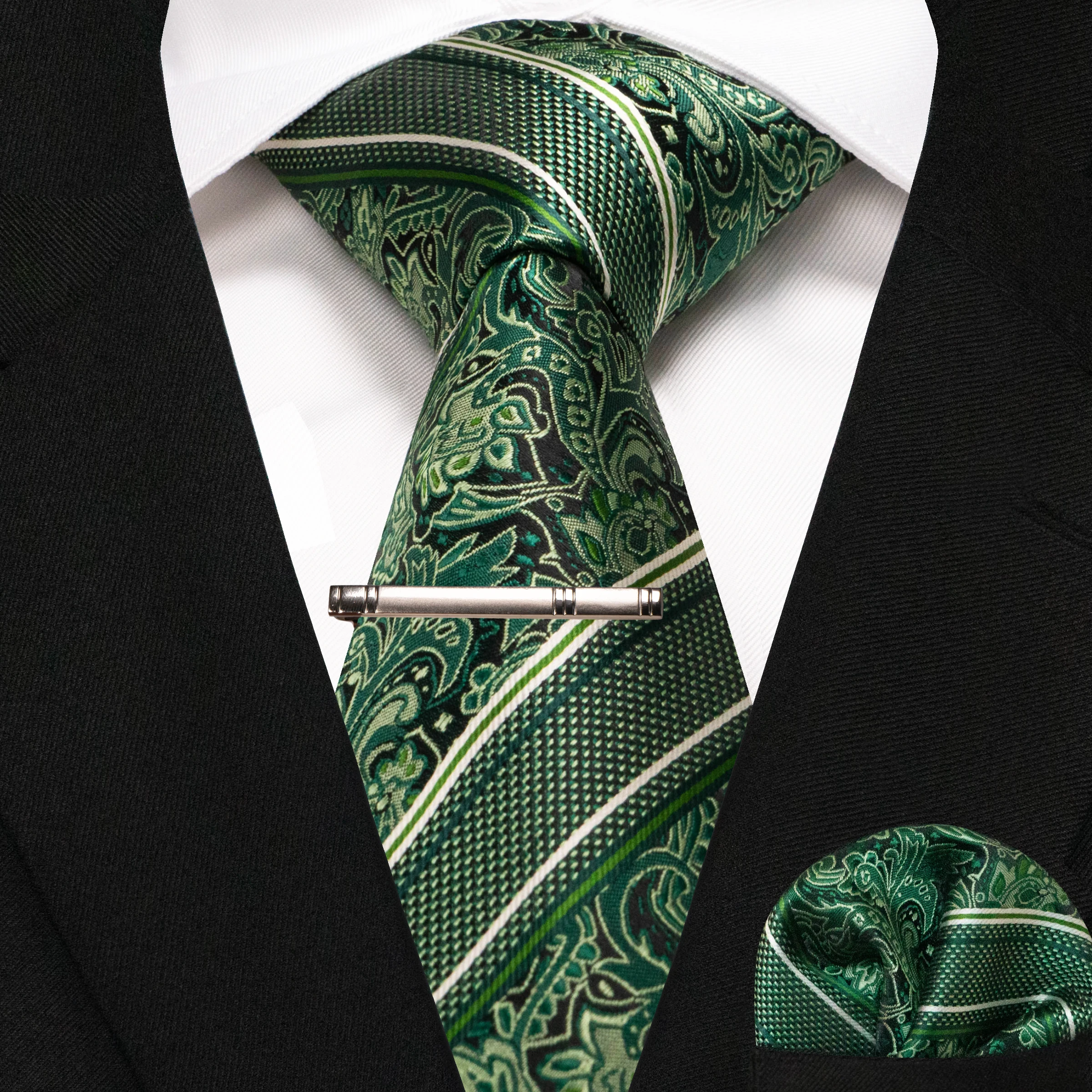 Green Black Plaid Stripe Neck Tie for Men Fashion Silk Wedding Tie Hanky Cufflink Set Gift Men's Tie  Business Party Accessories