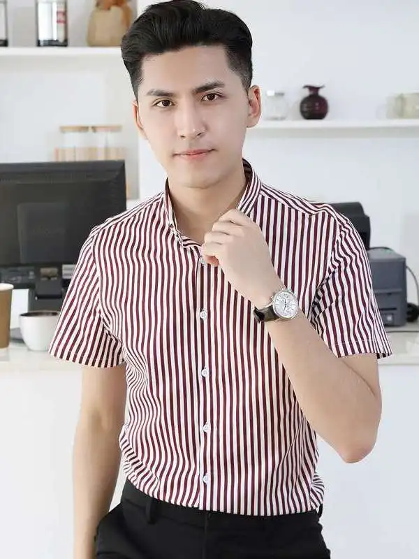 

Slim Fit Men's Summer Shirt Striped PU Leather Short Sleeve CleanFit Square Collar Inner Wear for All Seasons Thickened
