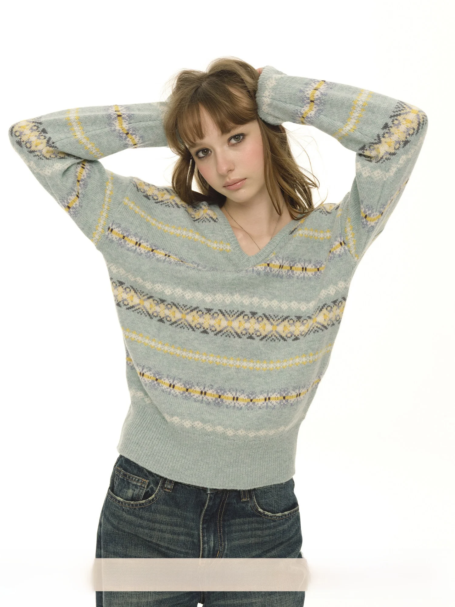 

UNRETRO Women's Loose Knitted Wool Blend Sweater een Vintage Fair Isle Patterned Inner Wear Street Sle Long Sve V-Ne