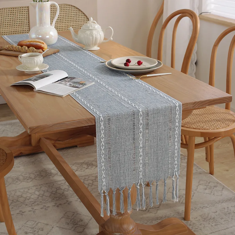 Bohemian Linen Table Runner with Tassels Beige White Hollow Out Farmhouse Home Decor
