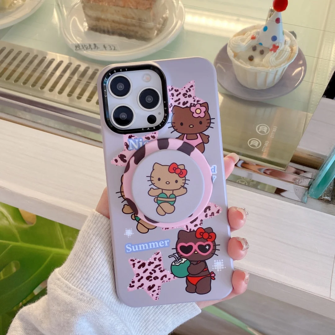 럭셔리 레오파드 비키니 헬로 키티 전화 케이스 아이폰 15 14 프로 맥스 Magsafe 무선 충전 충격 방지 뒷면 커버 Funda ﻿