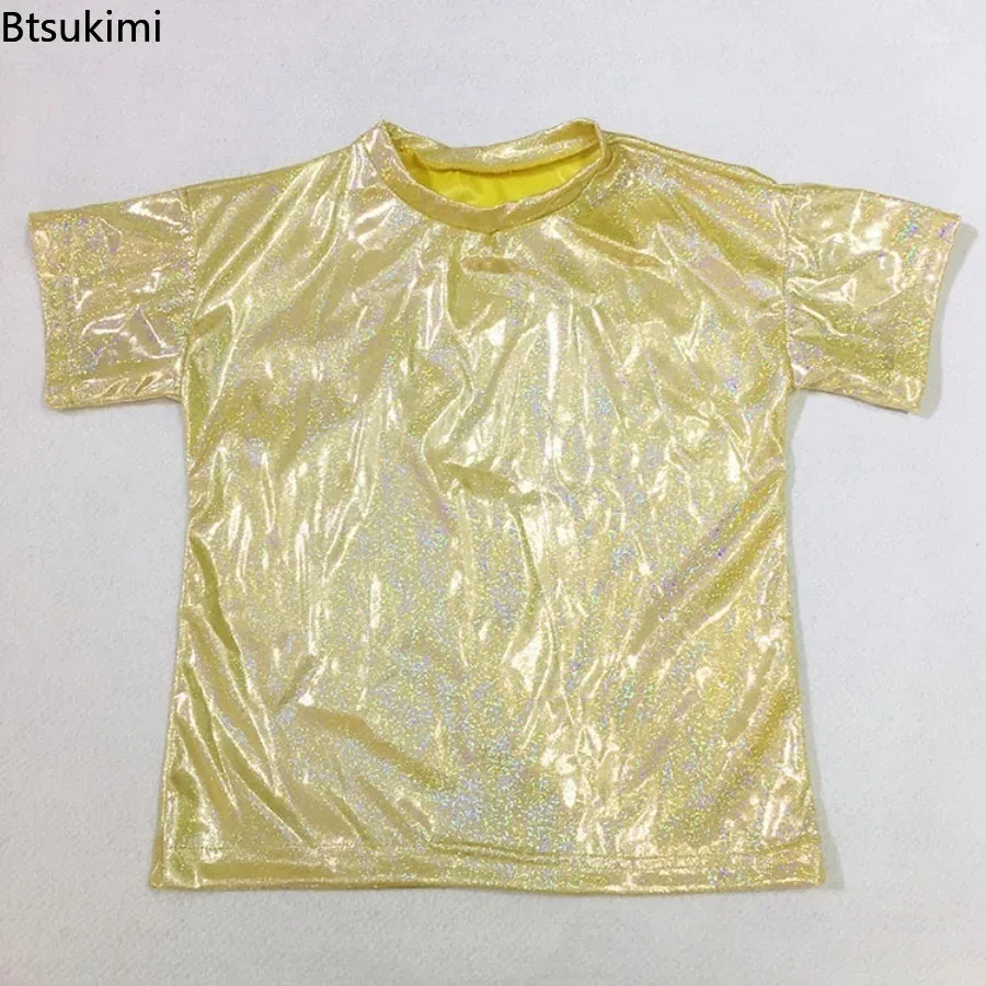 Kids Metallic Shiny T-Shirt Boys Girls Jazz Hip Hop Modern Dance Tops Short Sleeves Loose Tee for Festival Party Disco Costume view 4